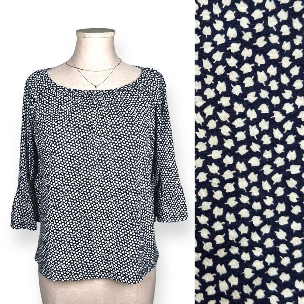 MICHAEL KORS Bell Sleeve Blouse Rose Print Relaxed Blue Chic Contemporary Small